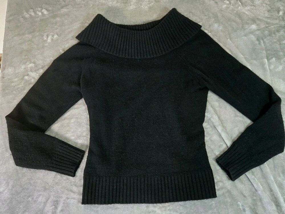 Jones New York 100% Cashmere Sweater Black Off The Shoulder y2k Foldover sz Med
